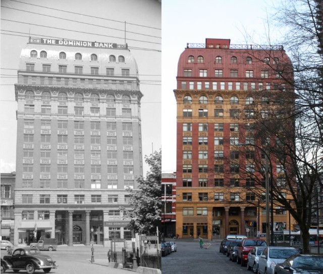 The "now" photo by Jeremy Hood, the "then" photo of the Dominion Building Vancouver Archives, 1944 CVA 1184-615. 