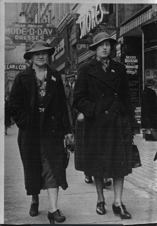 Jeanette Heathorn and Bessie Say patrol the 400 block West Hastings ca.1940. Photo courtesy Vancouver Police Museum