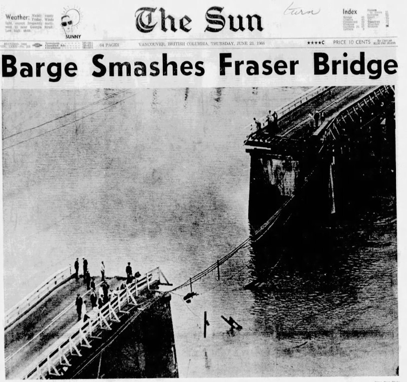 Vancouver Sun barge smashes fraser bridge