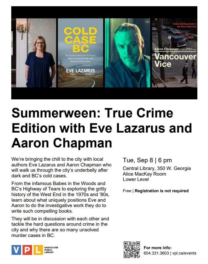 True Crime with Eve Lazarus and Aaron Chapman, Vancouver Public Library